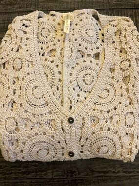Forgotten Grace Crochet Openwork Cardigan - Cream 1X 90% cotton 10% poly
